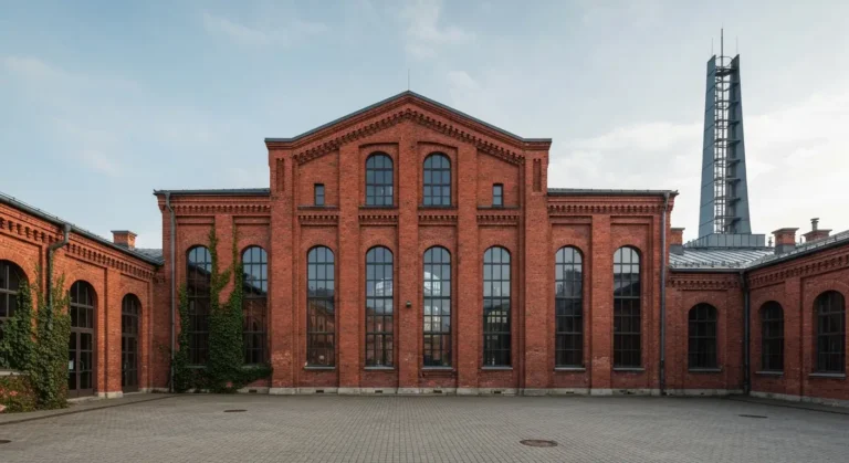 Ceglany budynek Muzeum Powstania Warszawskiego na Woli z wysoką stalową wieżą na tle pochmurnego nieba