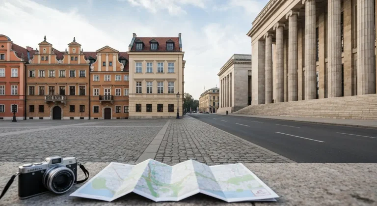 Zabytkowe kamienice Rynku Starego Miasta i klasycystyczna fasada galerii sztuki przy alei w Warszawie, plan zwiedzania d