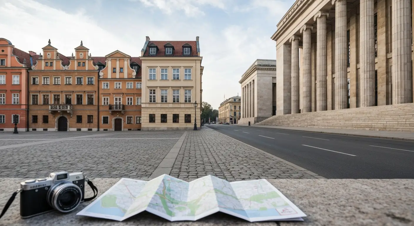 Zabytkowe kamienice Rynku Starego Miasta i klasycystyczna fasada galerii sztuki przy alei w Warszawie, plan zwiedzania d