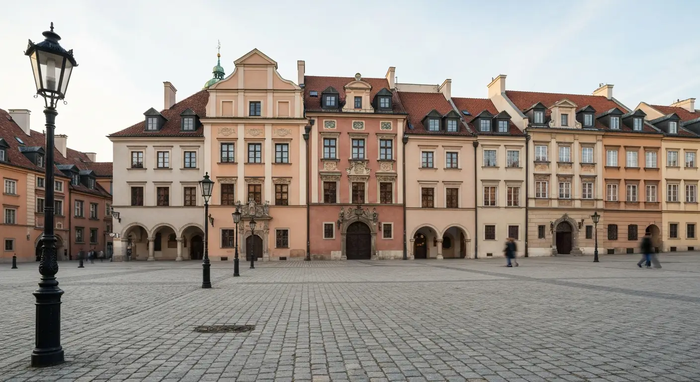 Zabytkowe kamienice na Rynku Starego Miasta w Warszawie, siedziba muzeum miejskiego, brukowany plac i latarnie w natural