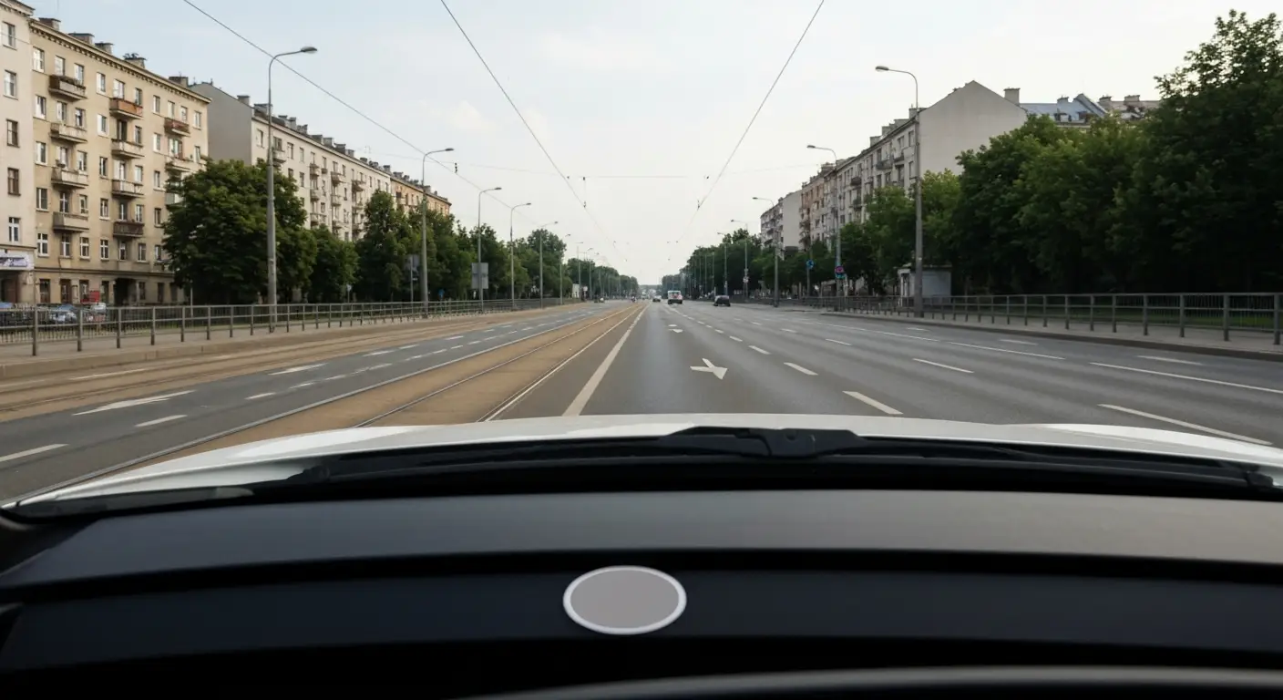 Warszawska ulica na granicy strefy czystego transportu z samochodem, na szybie mala okragla naklejka bez napisu, w tle k