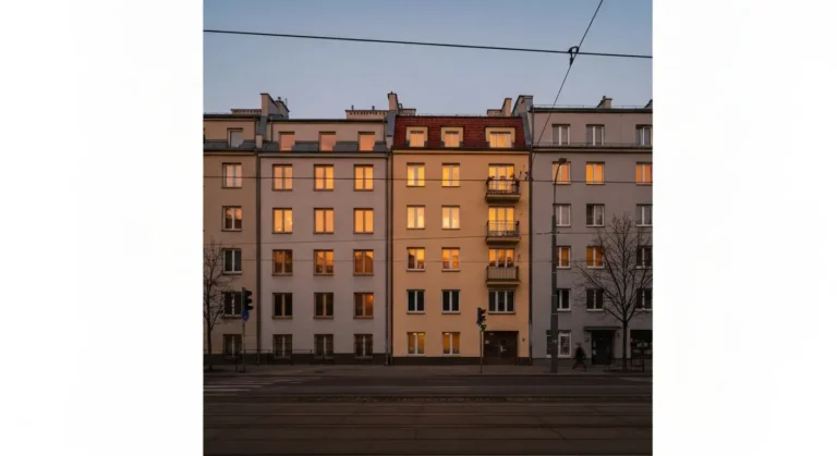 Rozswietlona o zmierzchu warszawska kamienica z torami tramwajowymi przy spokojnej ulicy - klimat noclegu w dzielnicy mi