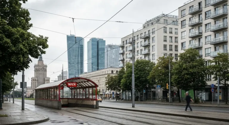Panorama Warszawy z blokiem mieszkalnym na Woli, wiezowcami Srodmiescia w tle oraz wejsciem do metra i torami tramwajowy