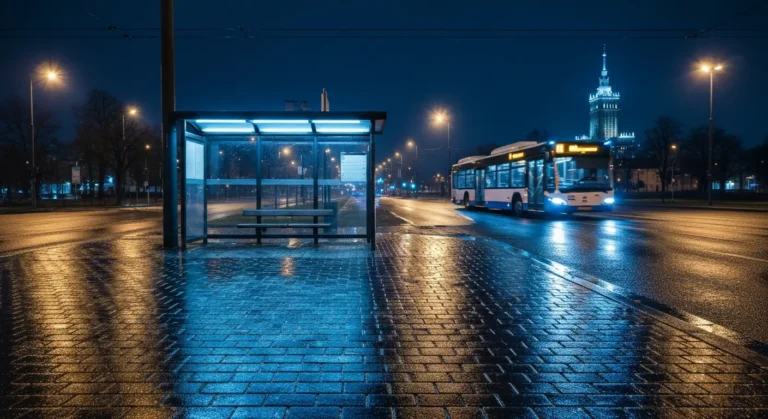 Nocny autobus linii N podjezdzajacy do oswietlonego przystanku na mokrej ulicy w centrum Warszawy, w tle rozswietlony Pa