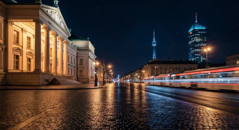 Nocna panorama centrum Warszawy - rozswietlona fasada zabytkowej sali koncertowej, mokra bruk i przejezdzajacy tramwaj n