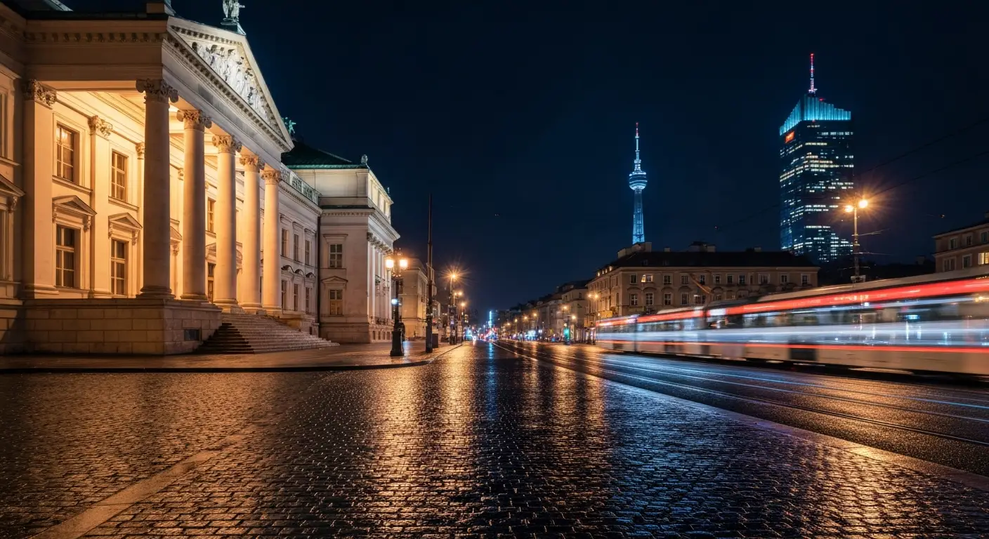 Nocna panorama centrum Warszawy - rozswietlona fasada zabytkowej sali koncertowej, mokra bruk i przejezdzajacy tramwaj n