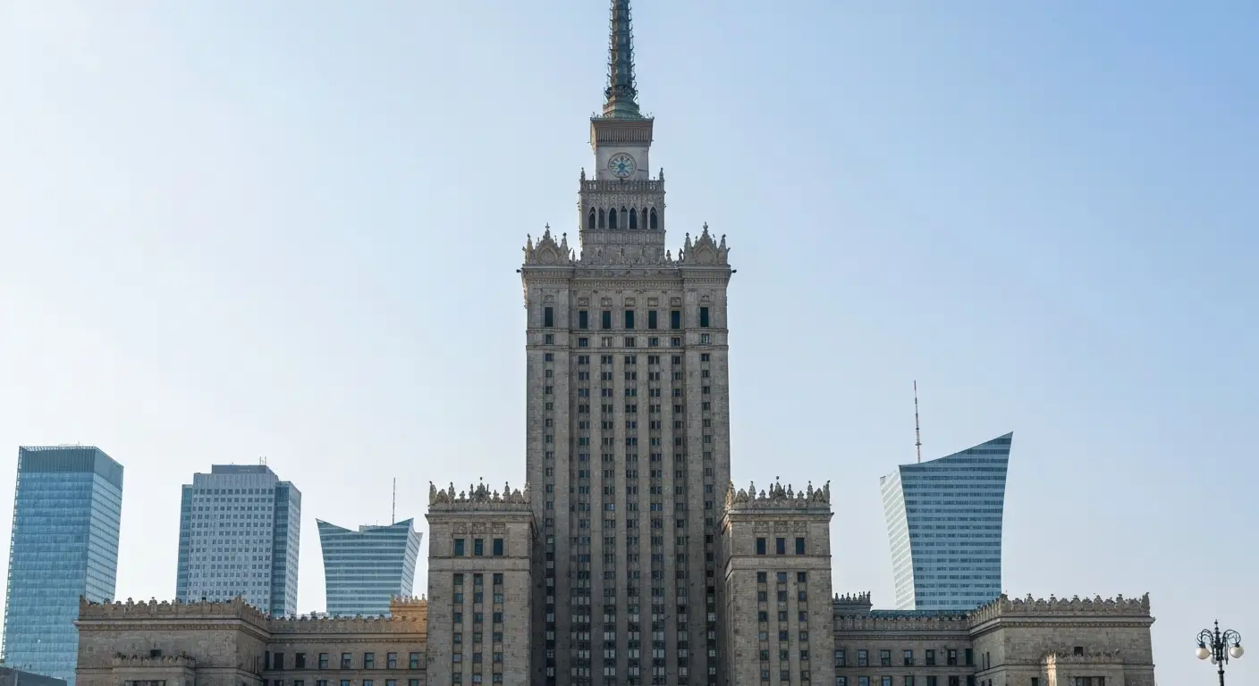 Pałac Kultury i Nauki w centrum Warszawy widziany z dołu, z tarasem widokowym na 30. piętrze i nowoczesnymi wieżowcami w