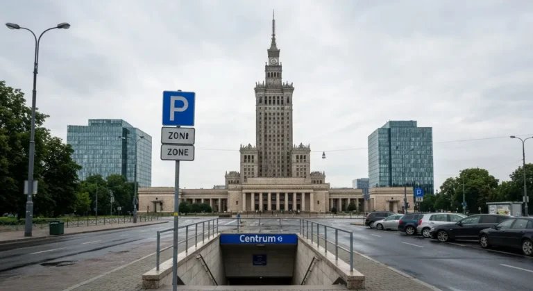 Palac Kultury i Nauki gorujacy nad centrum Warszawy, w tle wiezowce Srodmiescia, na pierwszym planie wejscie do metra i