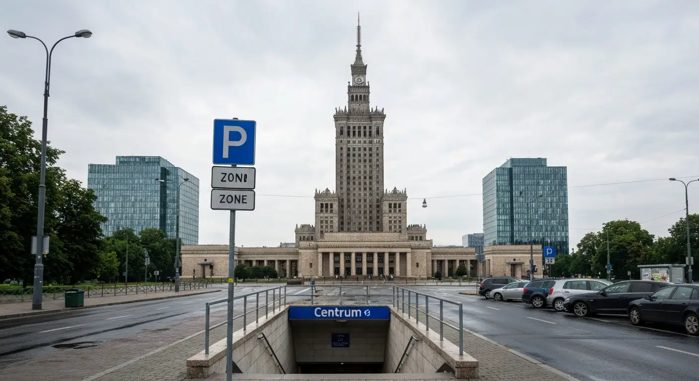 Palac Kultury i Nauki gorujacy nad centrum Warszawy, w tle wiezowce Srodmiescia, na pierwszym planie wejscie do metra i