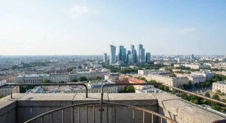 Taras widokowy Palacu Kultury i Nauki w Warszawie z panorama gestej zabudowy Srodmiescia i wiezowcow Woli w tle.