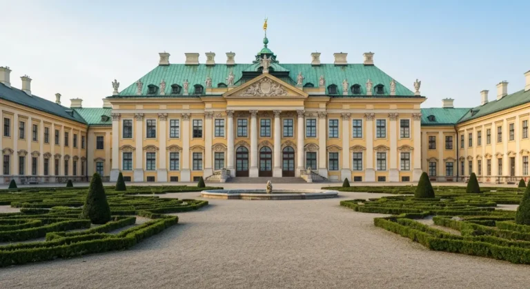 Barokowy Palac w Wilanowie w Warszawie o zoltej fasadzie, z geometrycznym ogrodem i fontanna w swietle poranka