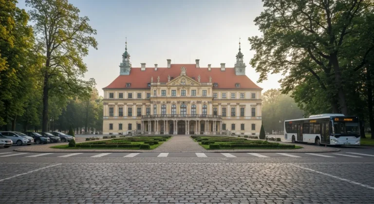 Barokowy Palac w Wilanowie w Warszawie z ogrodem, autobus miejski i parking dla zwiedzajacych w porannym swietle