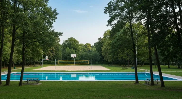 Zielony park sportowo-rekreacyjny na poludniu Warszawy z boiskiem do siatkowki plazowej, koszem do koszykowki i letnim b