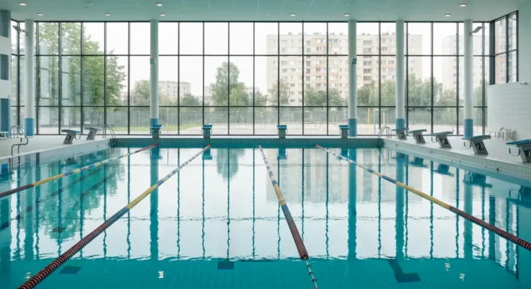 Nowoczesny kr. kryty basen sportowo-rekreacyjny na Mokotowie w Warszawie - turkusowa niecka z torami plywackimi, przeszk