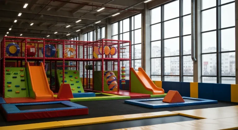 Przestronna kryta sala zabaw w Warszawie z kolorowymi konstrukcjami do wspinaczki, trampoliną i zjeżdżalniami na miękkie