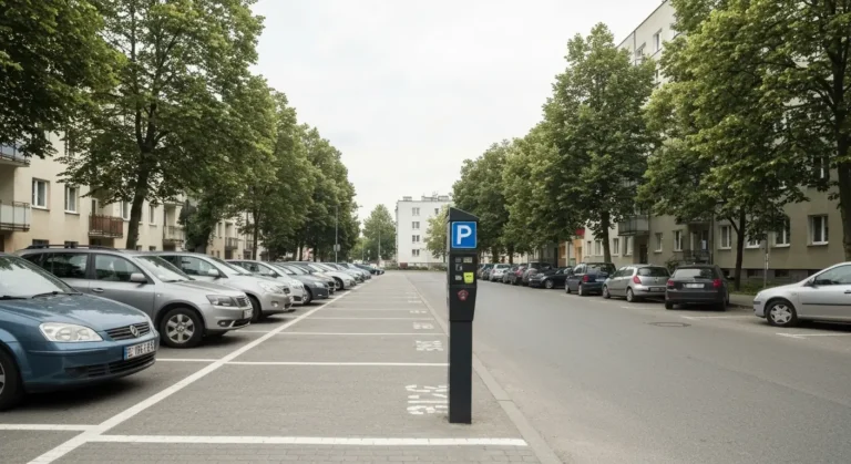 Zaparkowane samochody wzdluz krawężnika na spokojnej ulicy Mokotowa w Warszawie, parkometr i modernistyczne bloki w tle