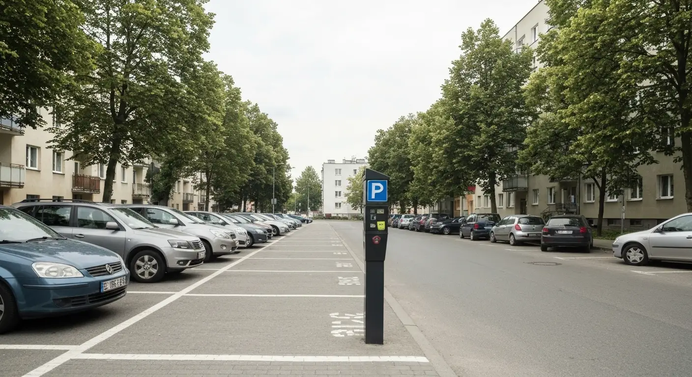 Zaparkowane samochody wzdluz krawężnika na spokojnej ulicy Mokotowa w Warszawie, parkometr i modernistyczne bloki w tle