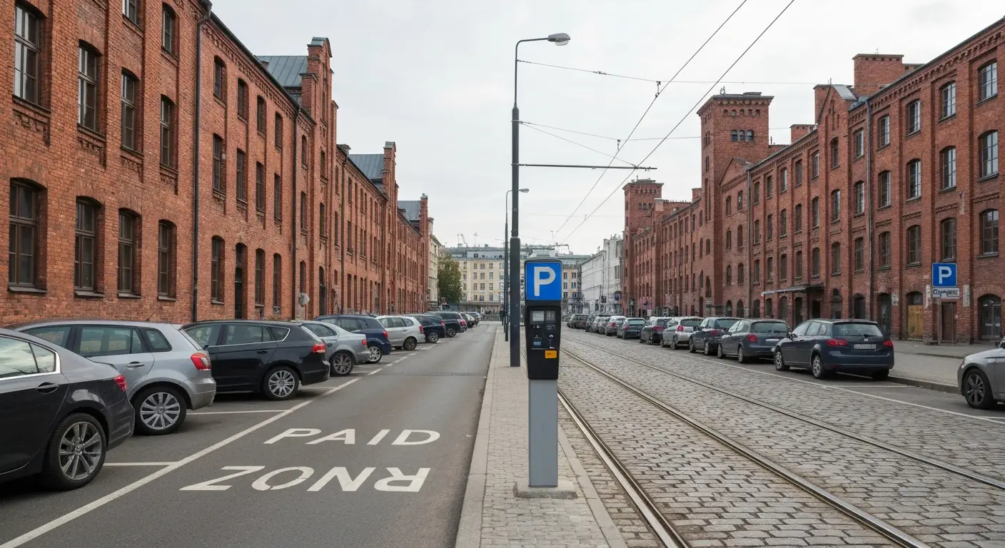 Zaparkowane samochody przy brukowanej ulicy warszawskiej Pragi, ceglane kamienice i tory tramwajowe, strefa płatnego par