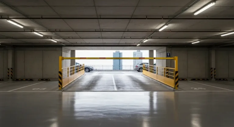 Nowoczesny parking podziemny w centrum Warszawy z betonowym zjazdem, oznaczonymi miejscami postojowymi i belka ogranicza