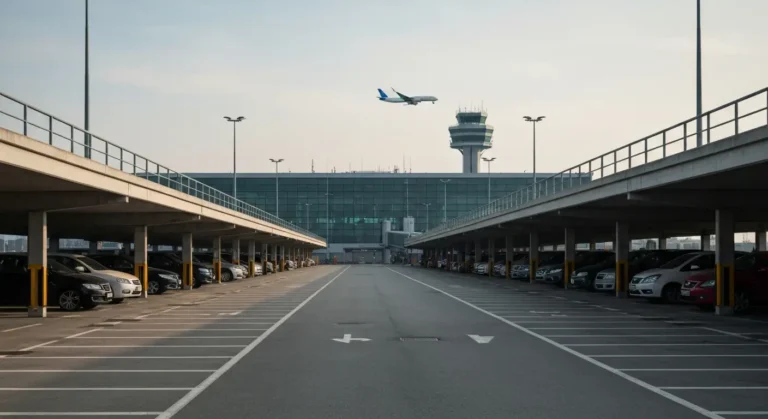Wielopoziomowy parking z zaparkowanymi samochodami przy Lotnisku Chopina w Warszawie, w tle terminal i startujacy samolo