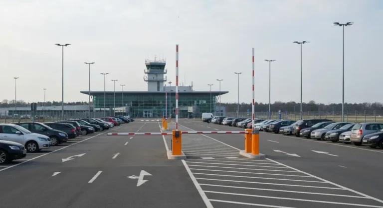 Parking lotniskowy z rzedami zaparkowanych samochodow przy nowoczesnym terminalu regionalnego lotniska pod Warszawa o po