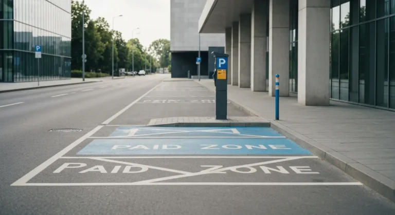 Puste oznaczone miejsce parkingowe w strefie platnej przy nowoczesnym warszawskim muzeum, parkometr i niebieskie oznacze