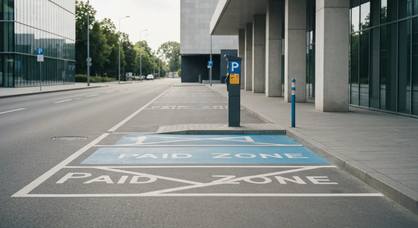 Puste oznaczone miejsce parkingowe w strefie platnej przy nowoczesnym warszawskim muzeum, parkometr i niebieskie oznacze