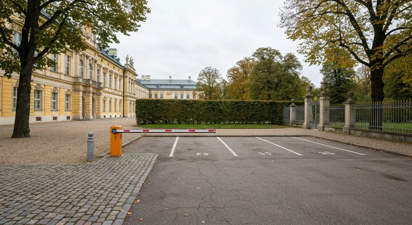 Pusty parking i brukowany podjazd przy barokowym Palacu w Wilanowie z ogrodem i drzewami w tle