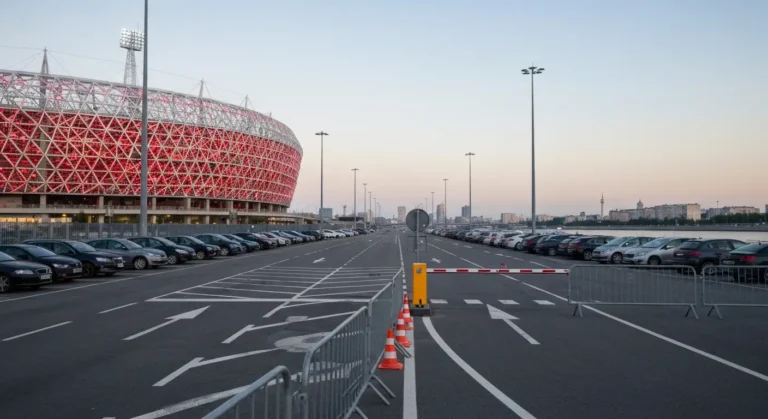 Rozlegly parking przy nowoczesnym stadionie narodowym w Warszawie z rzedami zaparkowanych aut i barierkami prowadzacymi