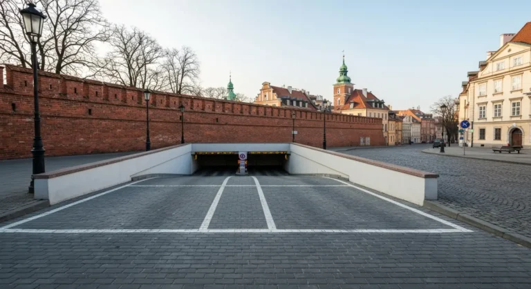 Wjazd na parking podziemny w pobliżu Starego Miasta w Warszawie z ceglanym Barbakanem i kamienicami Starowki w tle