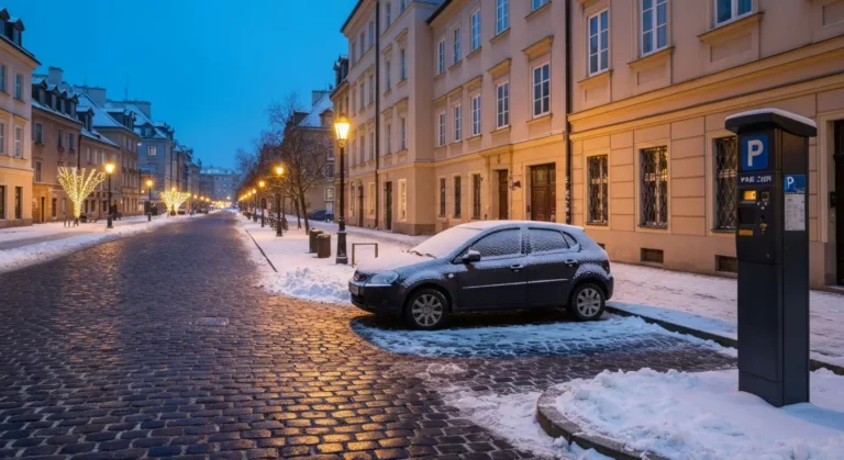 Zimowy wieczor na brukowanej ulicy warszawskiej Starowki, zasniezone miejsce parkingowe z parkometrem i rozswietlone kam