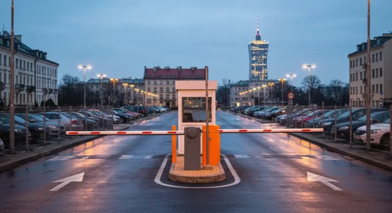 Strzezony parking w centrum Warszawy o zmierzchu z szlabanem, budka ochrony i rzedami zaparkowanych aut przy siatce, w t