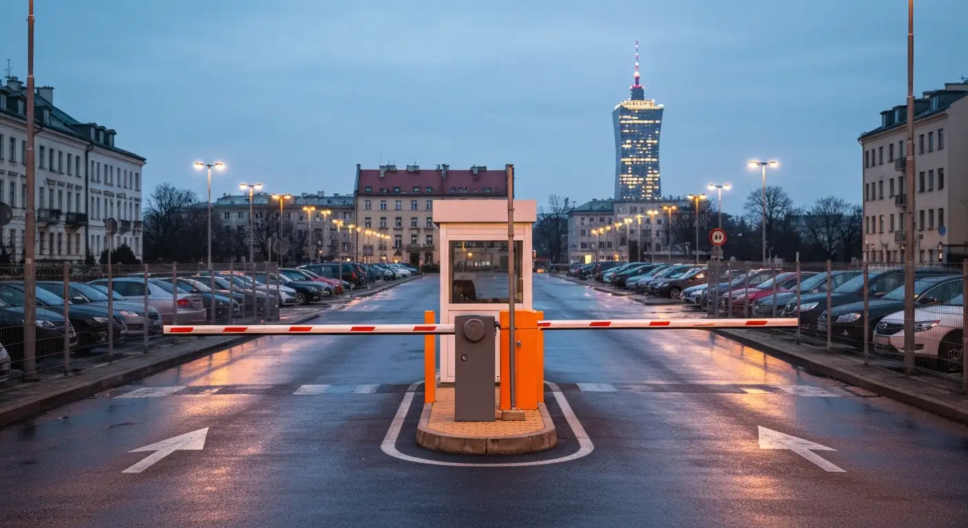 Strzezony parking w centrum Warszawy o zmierzchu z szlabanem, budka ochrony i rzedami zaparkowanych aut przy siatce, w t