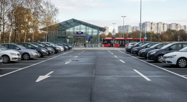 Parking Parkuj i Jedz na obrzezach Warszawy z rzedami aut przy wejsciu do stacji metra i miejskim autobusem w tle