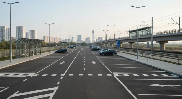 Parking Parkuj i Jedz na obrzezach Warszawy z zaparkowanymi autami przy stacji metra i torach tramwajowych, w tle sylwet