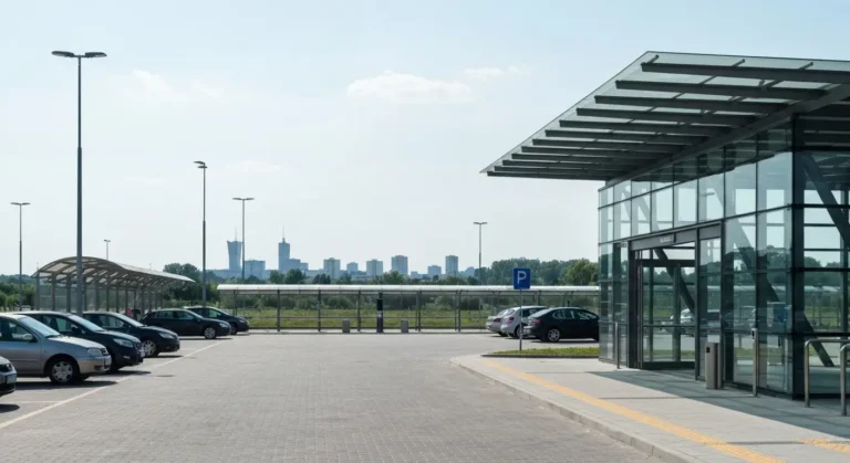 Parking Parkuj i Jedz na obrzezach Warszawy przy nowoczesnej stacji metra, rzedy zaparkowanych samochodow w swietle dnia