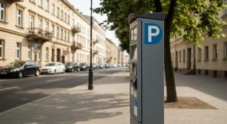 Nowoczesny parkometr na chodniku w centrum Warszawy z klawiatura i czytnikiem kart, w tle rozmyta ulica z kamienicami i