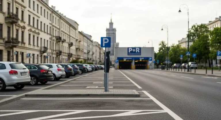 Miejskie miejsca parkingowe przy krawezniku w centrum Warszawy, parkometr i sylwetka Palacu Kultury w tle, wjazd do park