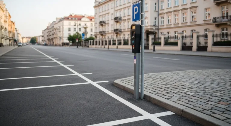 Puste miejsce parkingowe przy krawężniku na spokojnej warszawskiej ulicy w weekendowy poranek, z parkometrem i kamienica