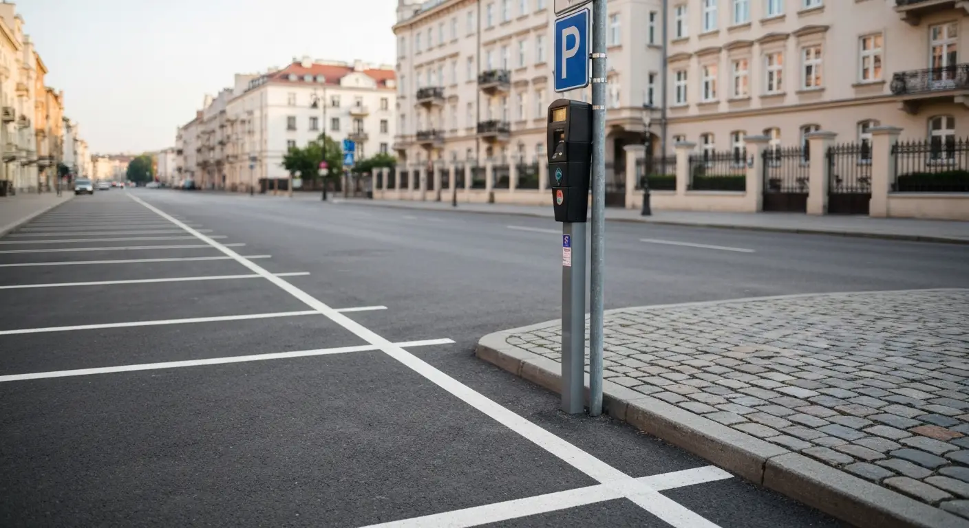 Puste miejsce parkingowe przy krawężniku na spokojnej warszawskiej ulicy w weekendowy poranek, z parkometrem i kamienica