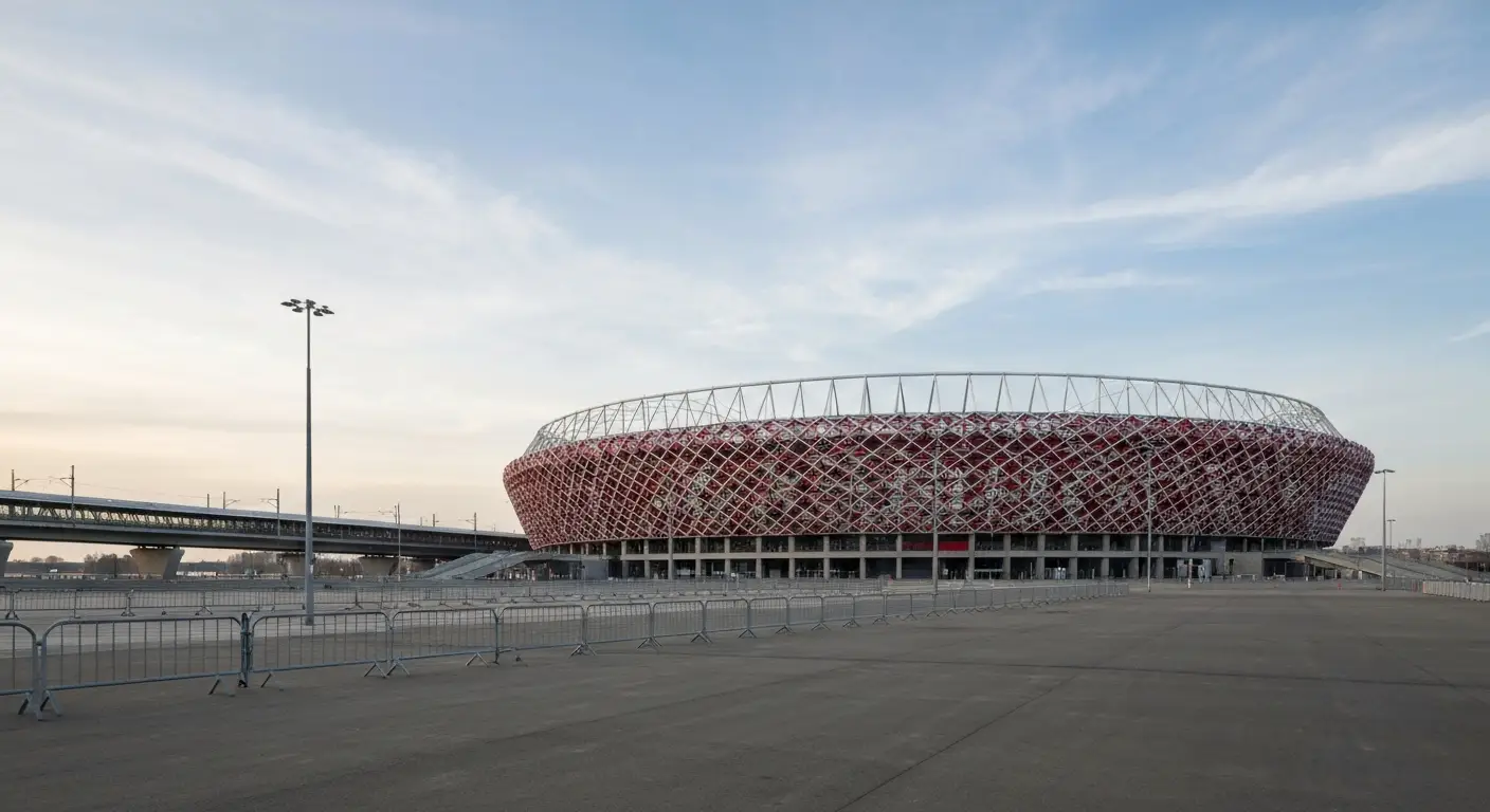 Nowoczesny narodowy stadion w Warszawie z biało-czerwoną ażurową fasadą nad pustym placem po praskiej stronie Wisły