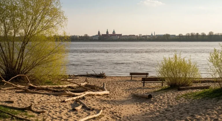 Piaszczysta miejska plaża na praskim brzegu Wisły w Warszawie o zlotej godzinie, w tle rozmyta panorama Starego Miasta