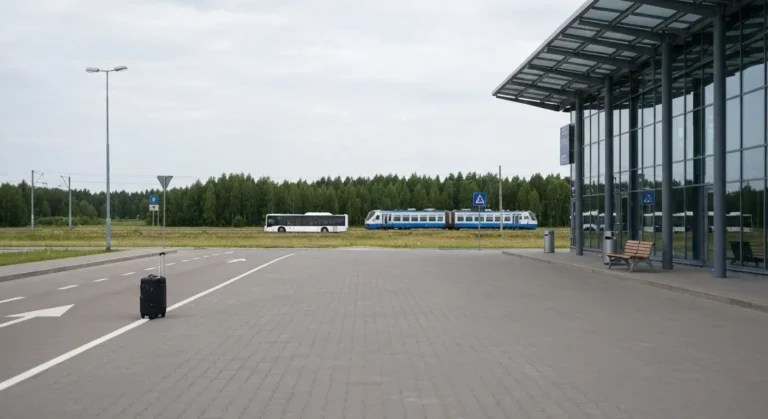 Terminal podwarszawskiego lotniska z podjazdem, autobusem dowozowym i torami kolejowymi w tle na mazowieckiej rownineie