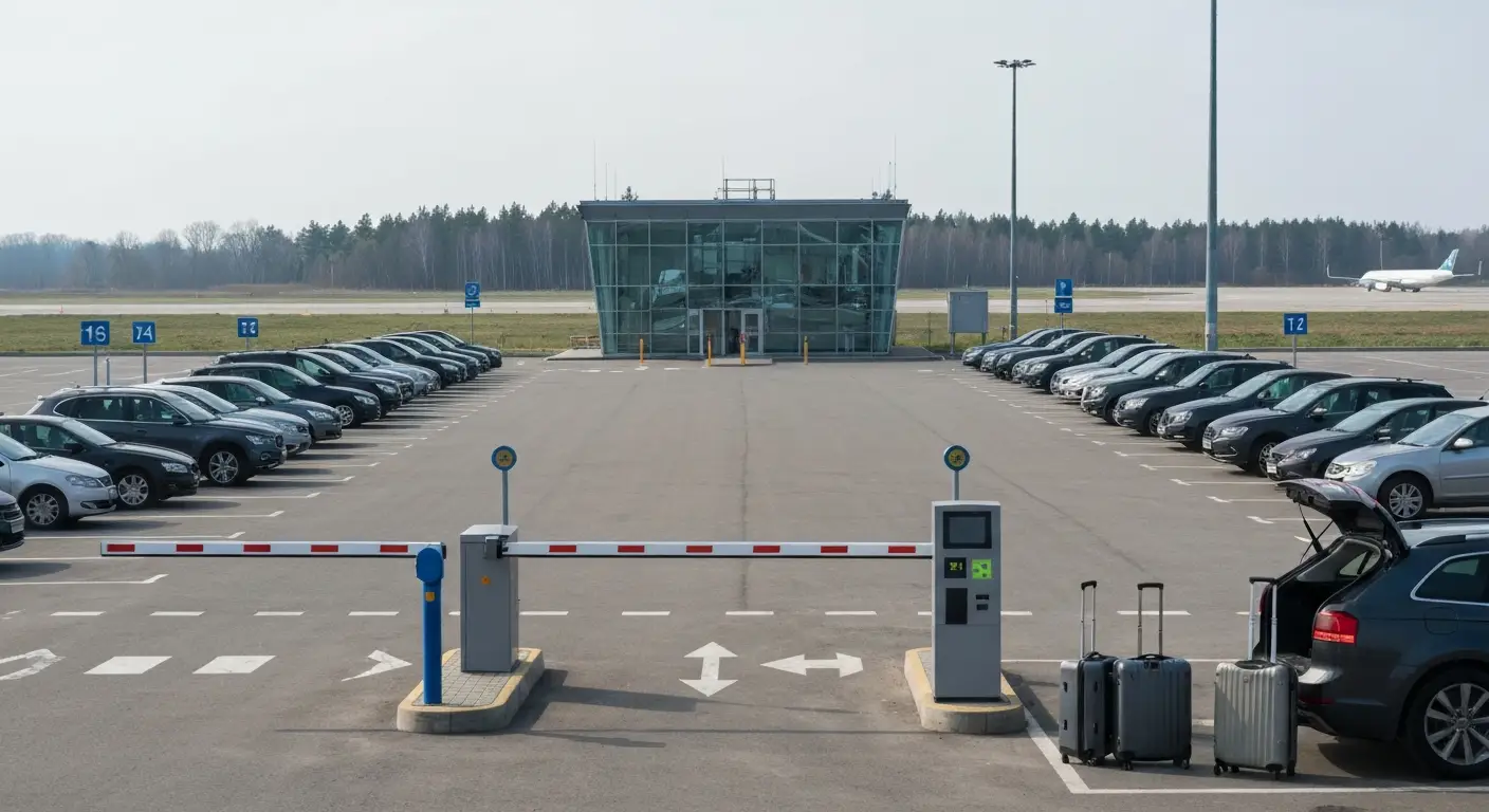 Terminal lotniska pod Warszawa widziany z parkingu, rzedy zaparkowanych aut, szlaban i walizki przy bagazniku