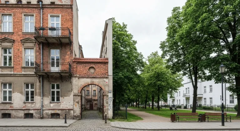 Praska kamienica z bramą i podwórkiem obok zielonej alei z modernistycznymi willami na Saskiej Kępie w Warszawie