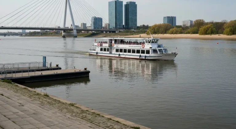 Statek pasazerski plynacy Wisla w Warszawie widziany z bulwarow, w tle most i panorama Powisla