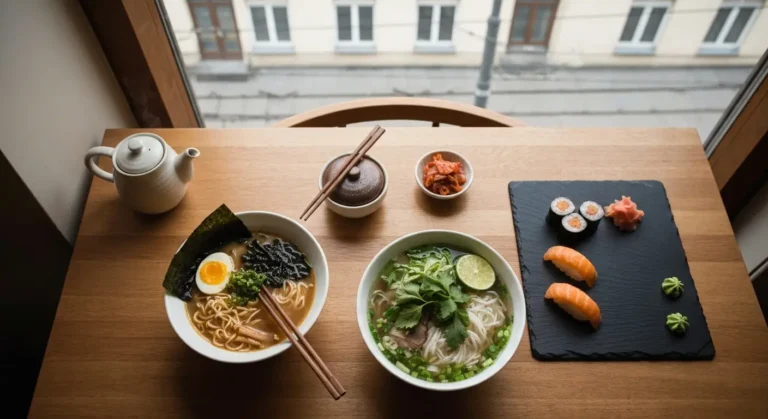 Stolik w warszawskiej restauracji azjatyckiej - miska ramenu, pho z ziolami i limonka oraz sushi nigiri, w tle kamienica