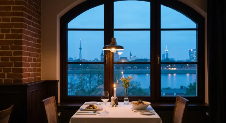 Kameralny stolik dla dwojga przy oknie warszawskiej restauracji, swiece i widok na panorame miasta o zmierzchu