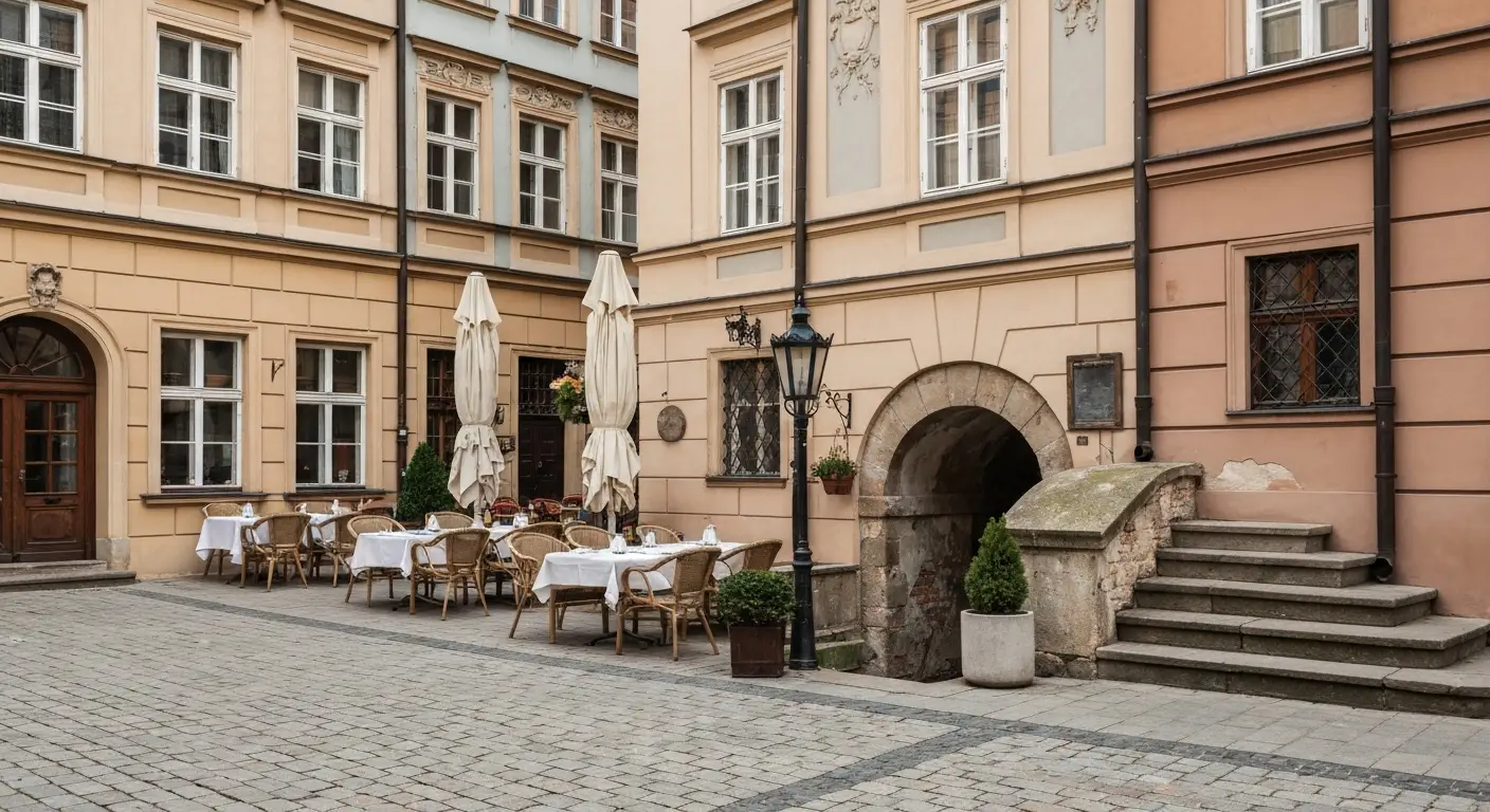 Ogrodek restauracyjny z pustymi stolikami na brukowanym Rynku Starego Miasta w Warszawie, w tle kamienice