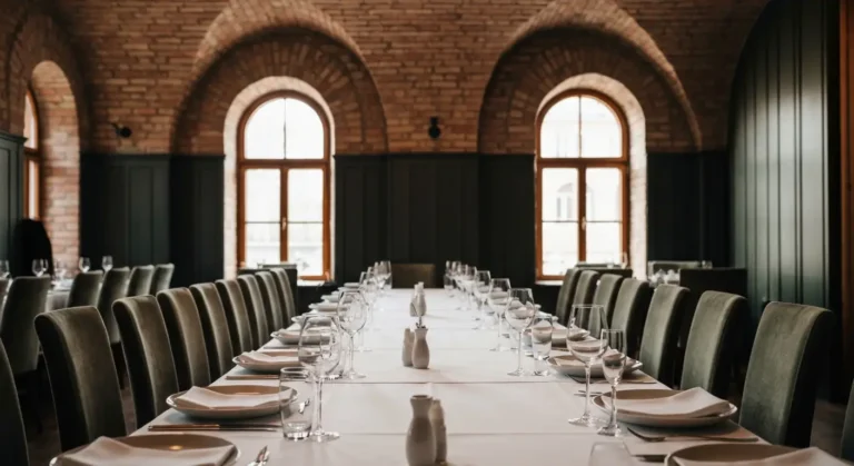 Dlugi nakryty stol dla duzej grupy w osobnej sali warszawskiej restauracji z ceglanymi sklepieniami